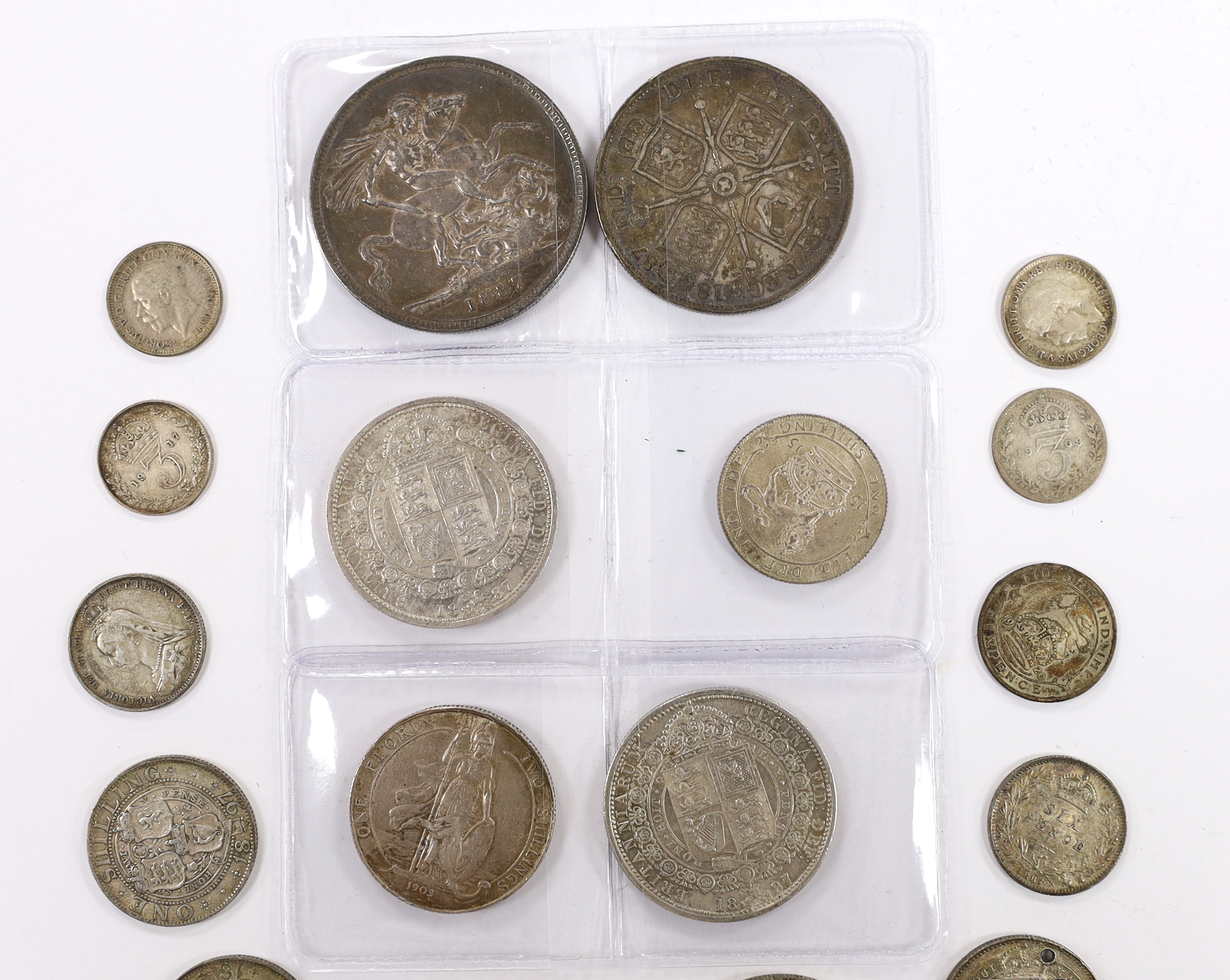 British Mixed silver coins including 1915 shilling GEF, Victoria crown 1887 and double florin etc.